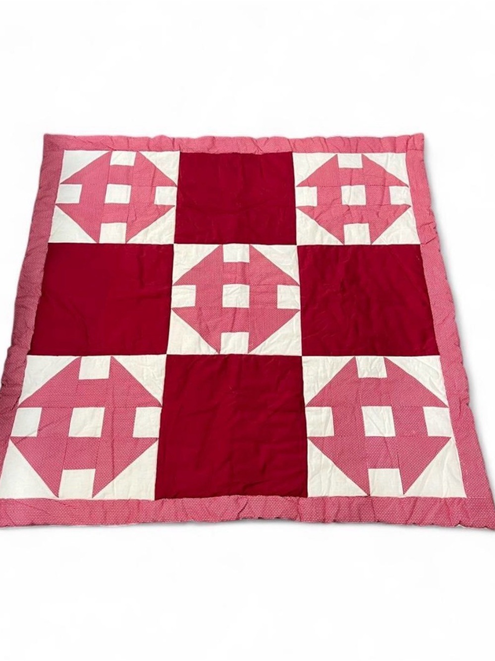 Handmade Machine Sewn White and Deep Red Patchwork Quilt